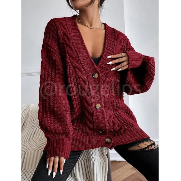 Oversized Burgundy Cable Knit Cardigan Long Sleeves Hip Length Buttoned - Picture 2 of 11